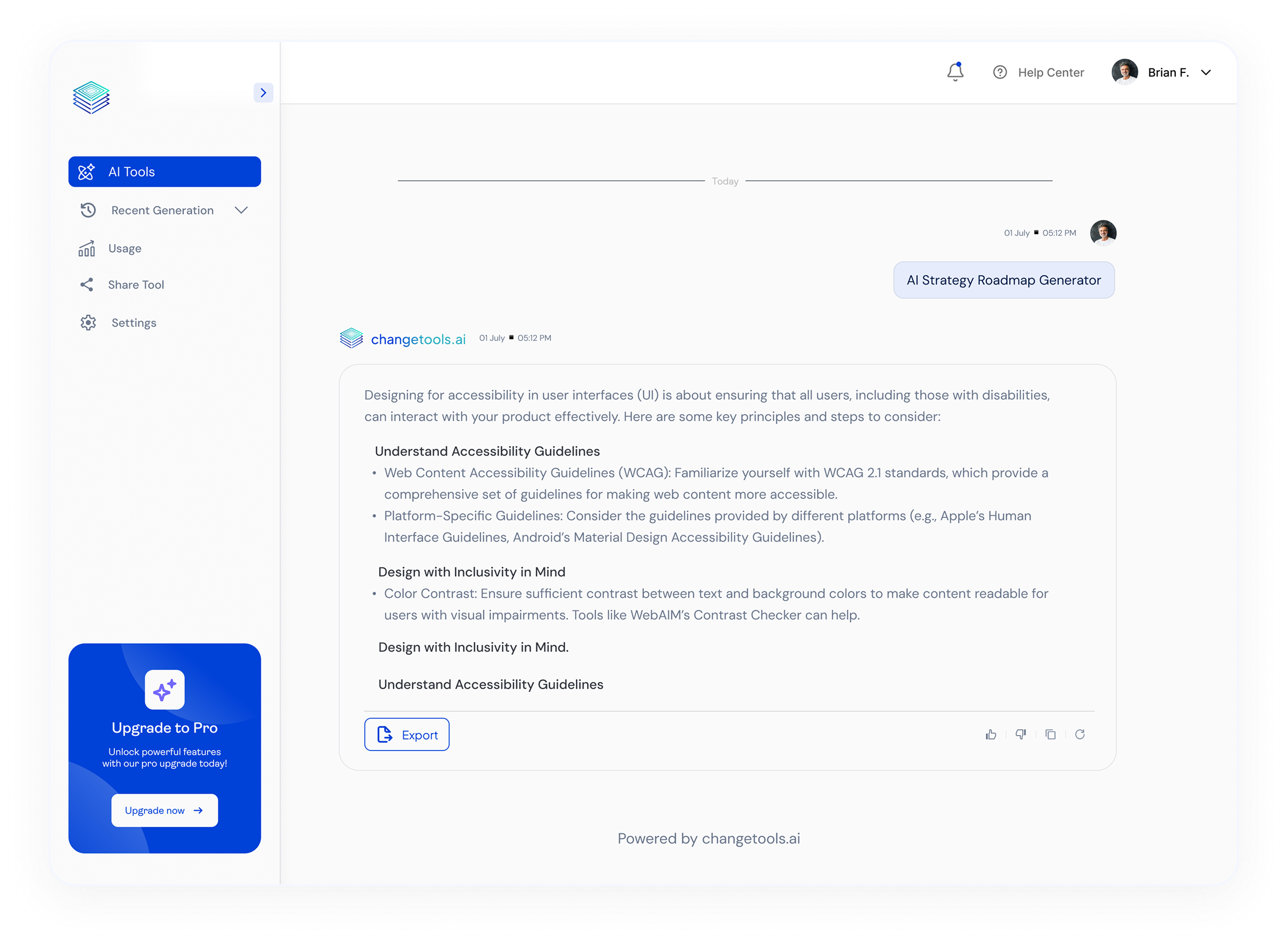 ChangeTools AI Strategy Roadmap Generator interface with accessibility guidelines